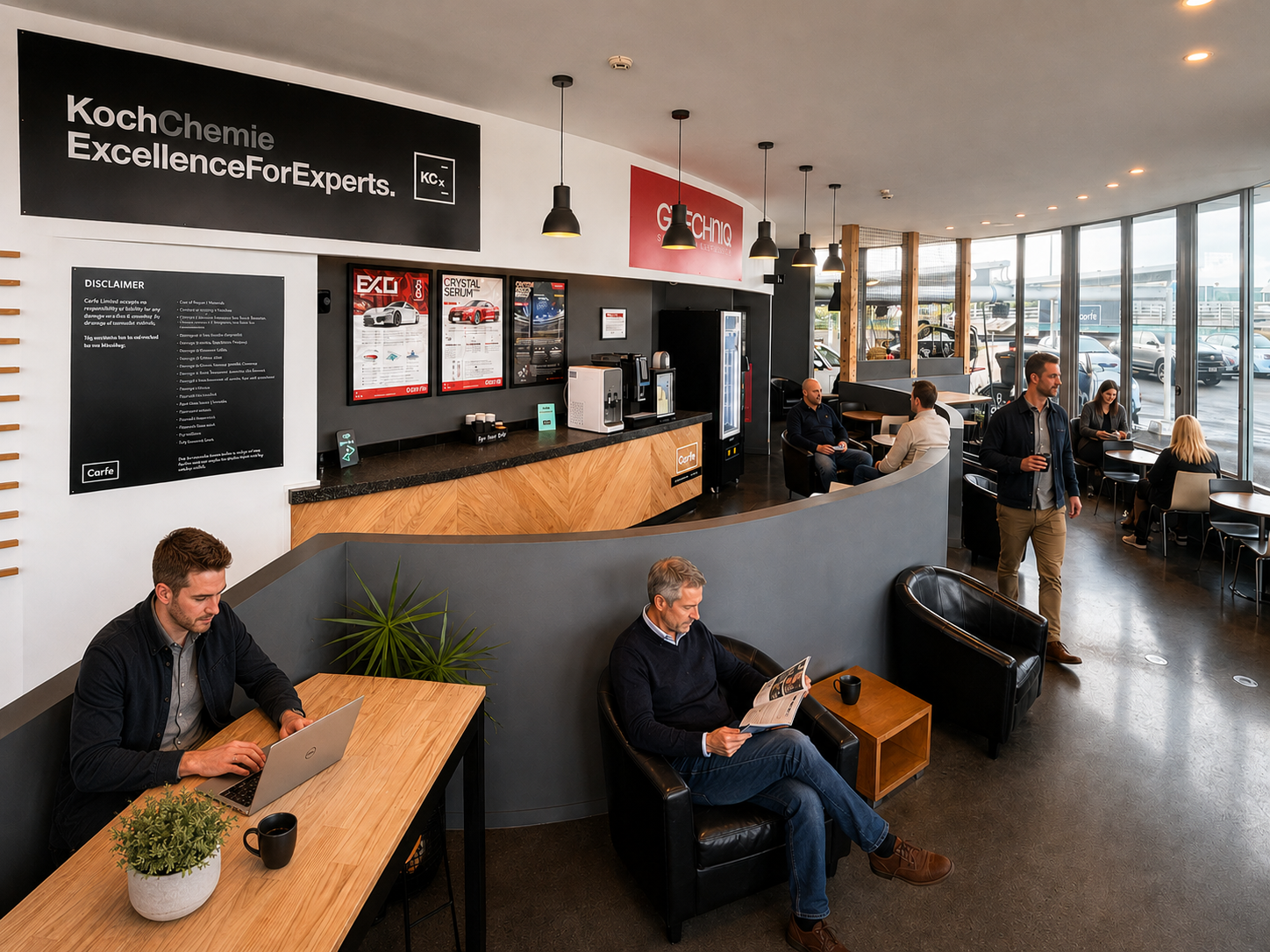 Customer lounge with espresso and workspace